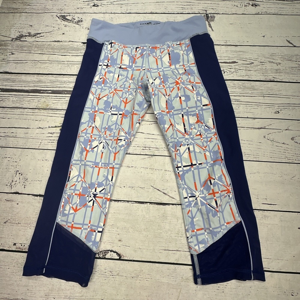 Gianni Bini Womens Capri Leggings Athletic Geometric Print Size L Blue Navy